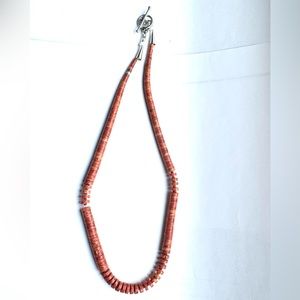 Pipestone heishi necklace 15” with sterling silver ends and clasps.